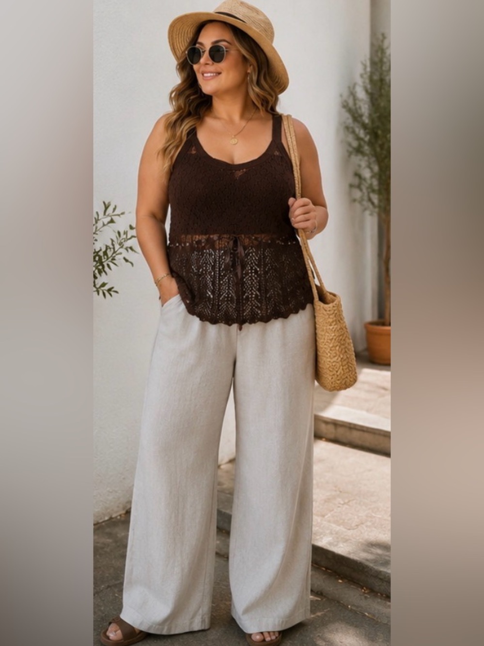 632 American Attitude Plus Size 2X Brown Open Knit Sweater Tank Top Ribbon Waist